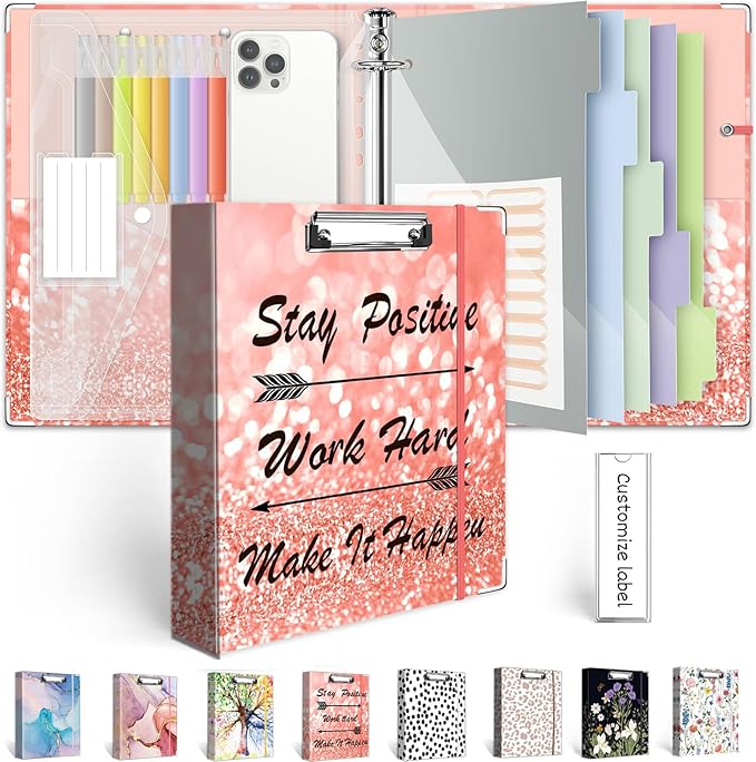 3 Ring Binder 1 Inch, Three Ring Binders Organizer with Clipboard, 5-Tabs Pockets Dividers, Plastic Folder, 18 Divider Stikers, BVSSX Pink Decorative Binder with Pen Loop (Stay Positive, Letter Size)
