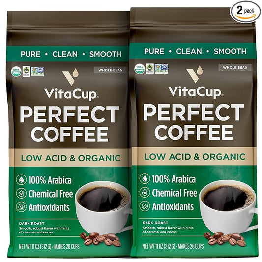 VitaCup Perfect Low Acid Coffee Beans, USDA Organic & Fair Trade, Mycotoxin Free, Dark Roast Guatemala Single Origin, Clean & Pure, Low Acidity, Whole Bean Coffee, 2 bags, 11oz each
