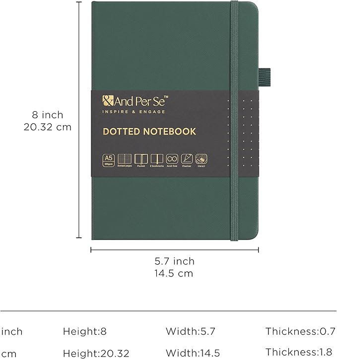 &And Per Se Bullet Dotted Journal Notebook, A5 Leather Hardcover, 176 Numbered Pages 100GSM Thick Dotted Paper, 2 Sheets of Stencils Included - 5.7'' x 8'' (Green)