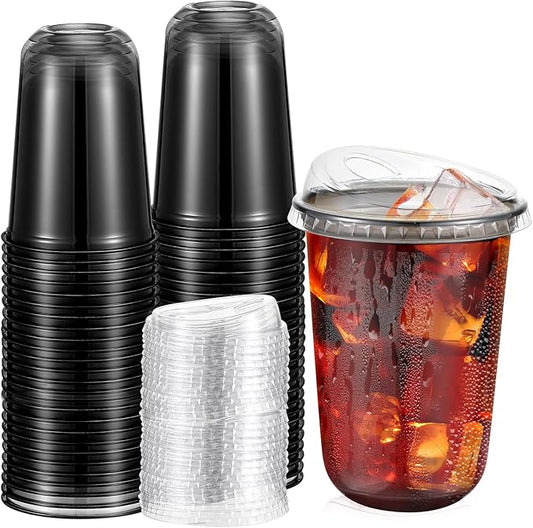 50 Sets Clear Plastic Coffee Cups with Sip Lids, Disposable Plastic PET Crystal Cups for Iced Coffee, Smoothie, Cold Beverage, Drink Shops and Party Catering(Clear Black,16 oz)