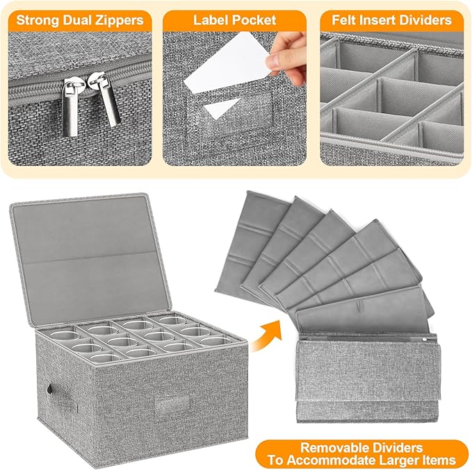 Wine Glass Storage Box 2-Pack, Stemware Container Cases, Stackable w/Hard Shell Top Sides Bottom, Moving Supplies, China Storage Containers for 24 Crystal Glasses Drinkware 10'' Tall, Grey