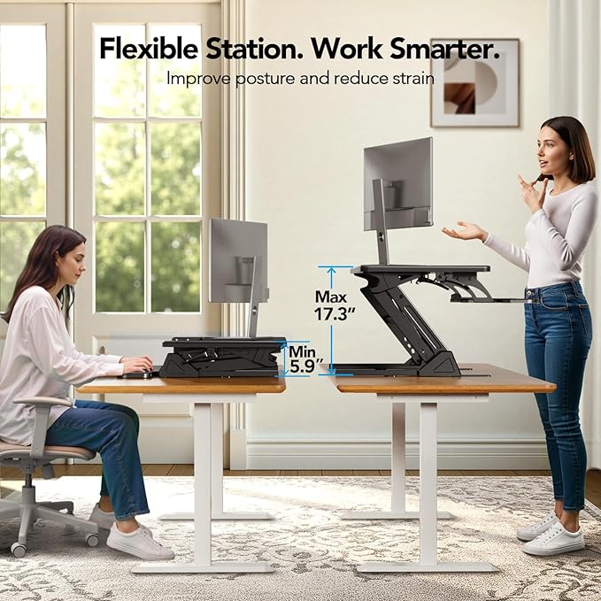 HUANUO 36" Z Shaped Stable Standing Desk Converter, Height Adjustable Sit Stand Up Desk Riser, Dual Monitor and Laptop Workstation with Wide Keyboard Tray, Desk Lifter for Home Office