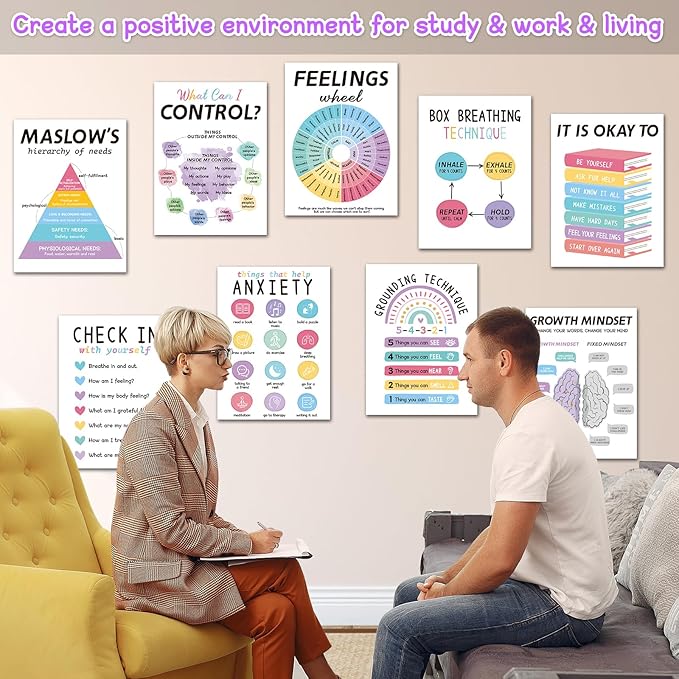 12PCS Mental Health Posters, Anxiety Therapy Motivational Poster Counseling Office Must Haves, 10’’x14’’ School Counselor Supplies, Mental Health Wall Art Decor Home Classroom Inspirational Posters