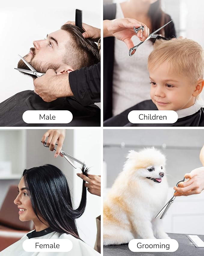 ULG Hair Cutting Scissors Shears Set, 7.5 Inch Professional Barber Thinning Scissor, Hairdressing Texturizing Edge Razor, Comb, Clips, 8 Pcs Stainless Steel Haircut Kit for Salon & Home (Silver)