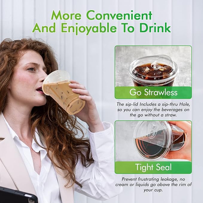 Lilymicky 16oz Clear Plastic Drinking Cups (90 Pack) with Strawless Sip Lids, Disposable Cups for Iced Coffee, Smoothie, Slurpee, or Any Cold Drinks