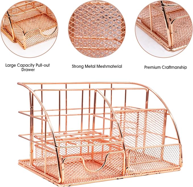 Rose Gold Desk Organizers and Accessories Office Supplies Set Stapler, Pen Holder, Phone Holder, Scissors, Pen, Ruler, 30 Paper Clips, 22 Binder Clip, 20 Tacks and 1000pcs Staples