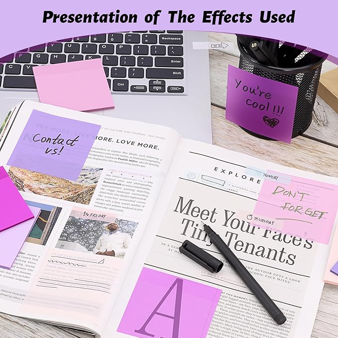 ‎SYMDROMIA Transparent Sticky Notes, 3"x3" Clear Post Translucent Sticky Notes with See Through Self-Adhesive Sticky Pads for Office School College Supplies, 800 Sheets Lavender Purple