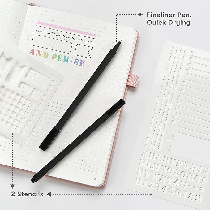 &And Per Se Bullet Dotted Journal Notebook Set (3 Packs), A5 Leather Hardcover, 176 Numbered Pages 100GSM Thick Dotted Paper, 2 Sheets of Stencils Included - 5.7'' x 8'' (Green)