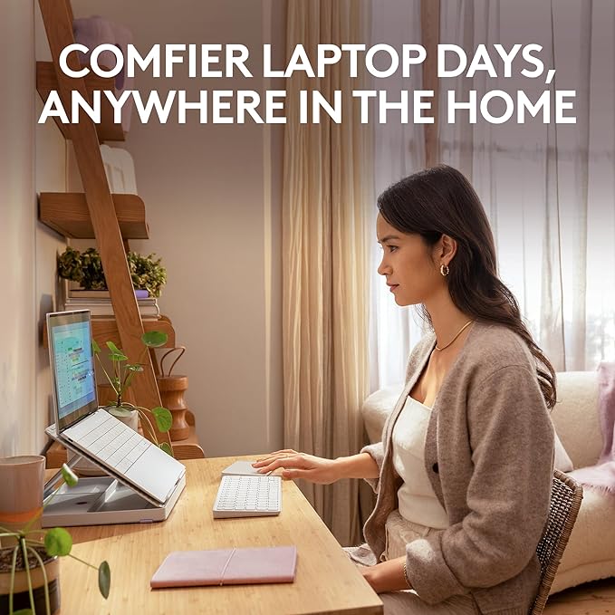 Logitech Casa Pop-Up Desk Work From Home Kit with Laptop Stand, Wireless Keyboard & Touchpad, Bluetooth, USB C Charging, for Laptop/MacBook(10” to 17”), Windows,macOS,ChromeOS - Nordic Calm,Tan/Purple