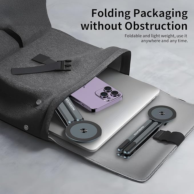 Adjustable Laptop Stand for Desk with Magnetic Phone Holder, MagSafe Compatible Portable Foldable Computer Riser for MacBook, iPhone, iPad, Tablet - Perfect for Office, Home, Traveling