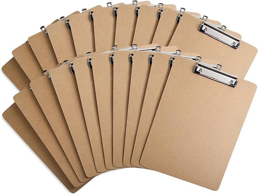 Clipboards 20 Pack Letter Size 9" x 12.5" Clipboards Bulk, Wooden Hardboard A4 Clip Boards Pack for 8.5" x 11" Paper with Low Profile Clip, Hanging Loop for Office Home Classroom