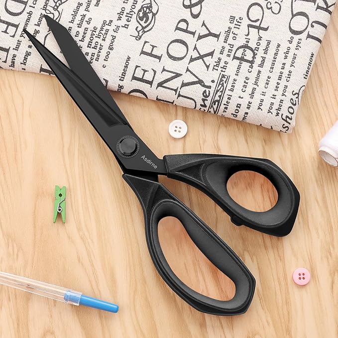 Black Titanium Fabric Scissors, Dressmaking Scissors with Heavy Duty Multi-Purpose Titanium Coated Blades and Comfortable Soft Grip Handles, Black, 25CM