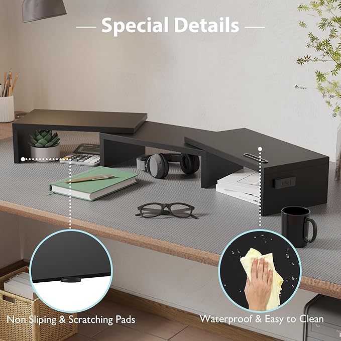 BONTEC Dual Monitor Stand Riser with Smartphone Holder, Adjustable Length & Swivel Angle, Ergonomic Wooden Desktop Organizer for PC Monitor, Laptop, Printer, Large Storage, White