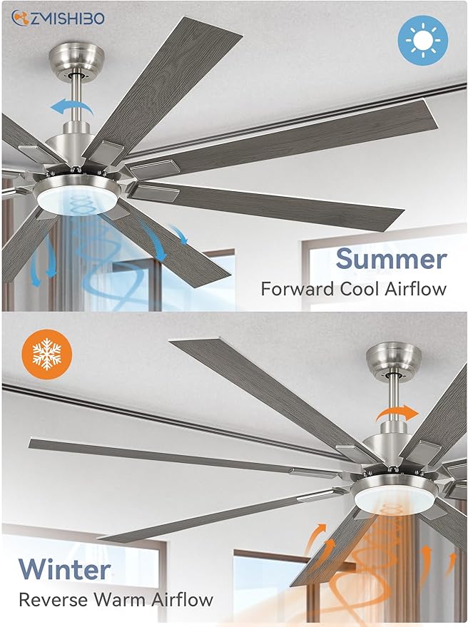 ZMISHIBO 72 inch Brushed Nickel Modern Ceiling Fans with Lights and Remote, Indoor/Outdoor Ceiling Fan for Living Room Patio, 6 Speed Reversible Quiet DC Motor, 3 CCT, Dual Finish Blades
