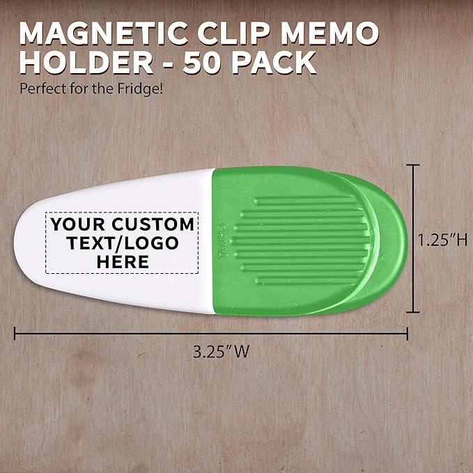 50 Magnetic Memo Holders Set - Customizable Text, Logo - Large Clip, Plastic - White Green