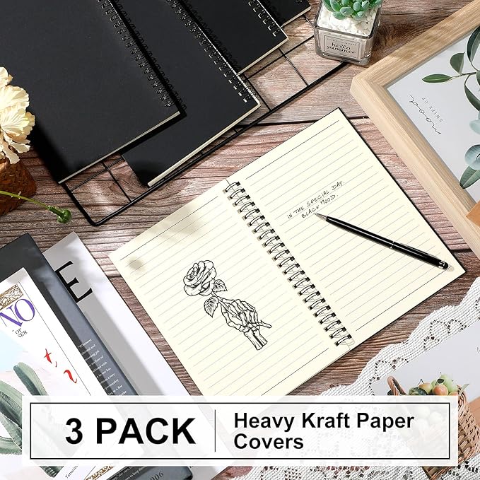 Yahenda Spiral Notebook Bulk A5 Journal Lined 8.3'' x 5.5'' Writing Composition Paper Small Notepad Subject Notebook for Students Office Business Back to School Supplies(Black,3 Pcs)