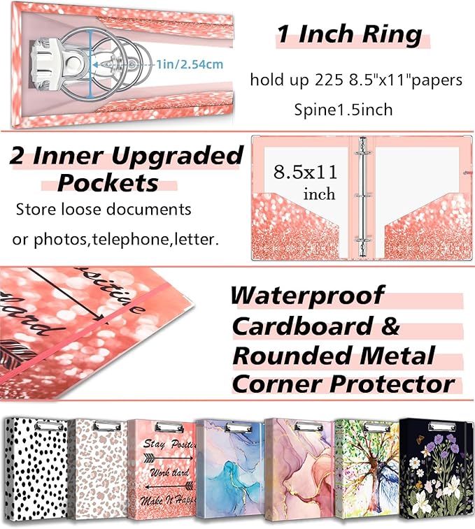 3 Ring Binder 1 Inch, Three Ring Binders Organizer with Clipboard, 5-Tabs Pockets Dividers, Plastic Folder, 18 Divider Stikers, BVSSX Pink Decorative Binder with Pen Loop (Stay Positive, Letter Size)