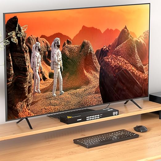 16 Port HDMI KVM Switch 4K@60Hz, 1U Rack Mount, USB Keyboard Mouse Sharing for 16 PCs, Independent 3.5mm Audio Output, Includes 16 HDMI Cables, IR Remote, 4 USB 2.0 Hubs