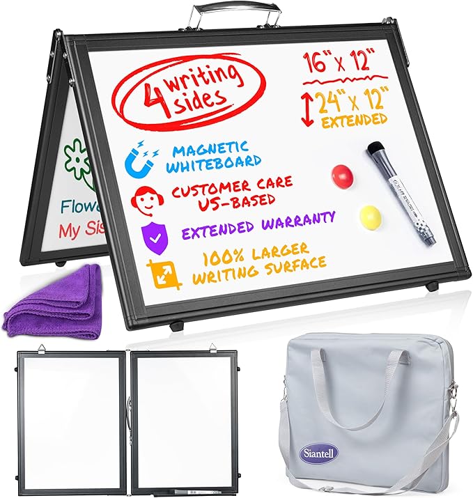 Small Dry Erase White Board – Magnetic Desktop Whiteboard - 16x12 inch 4 Sides Portable Whiteboard for Kids - Tabletop Mini Easel with Cover Bag for Office Desk, Students, Teachers