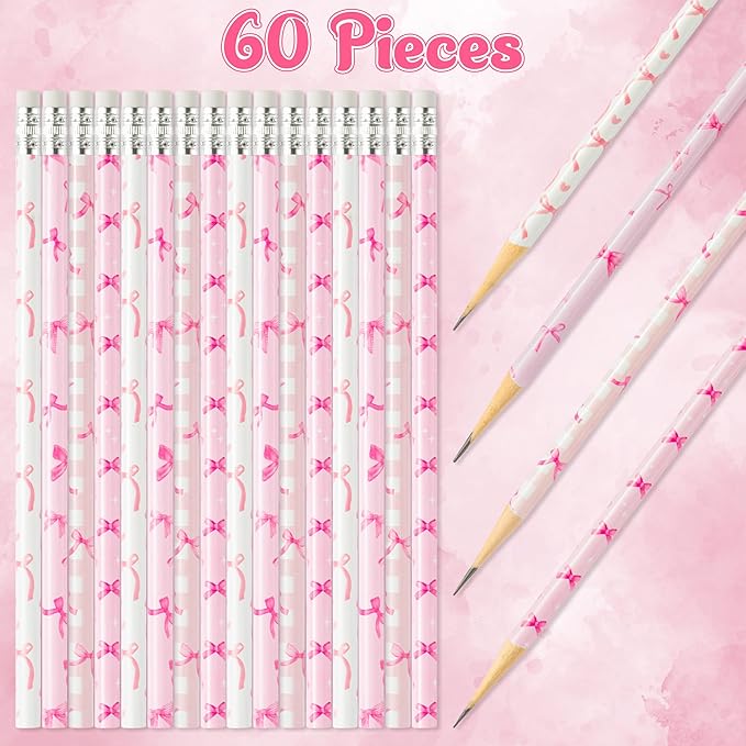 Xqumoi 60Pcs Coquette Pink Bow Pencils with Eraser - Preppy Bow #2 HB Pencils, Back to School Classroom Student Rewards, School Office Supply, Party Goodie Bag Fillers Stuffers, Birthday Party Favors
