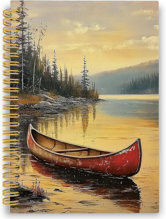 XPH Vintage Red Canoe Lake Landscape Spiral Notebook, Lake Gifts Journaling Notebooks for Women, Rustic Farmhouse Hardcover Journals for Writing 160 Pages 5.5 x 8.3 Inch, Nature Lover Gifts
