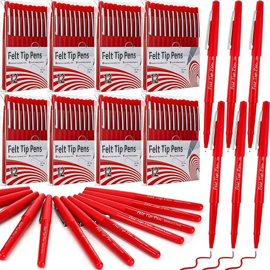 96 Pcs Felt Tip Pens 0.7mm Medium Point Pens Bulk, Felt Tip Markers for Journaling, Writing, Note Taking, Planner, Ideal for Office School Art Supplies Gift (Red)