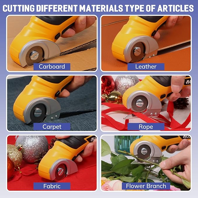 VLOXO Cordless Cardboard Cutter, Electric Scissors for Cardboard with Safety Lock, Power Rotary Scissors Multi-Cutting Tools, Rechargeable Box Cutter Electric for Carpet Leather (Yellow)
