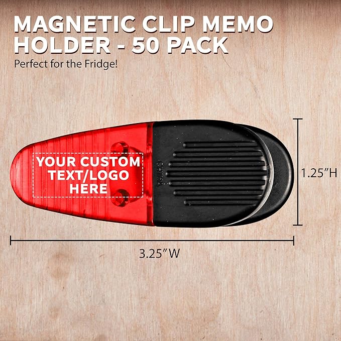50 Magnetic Memo Holders Set - Customizable Text, Logo - Large Clip, Plastic - TRed
