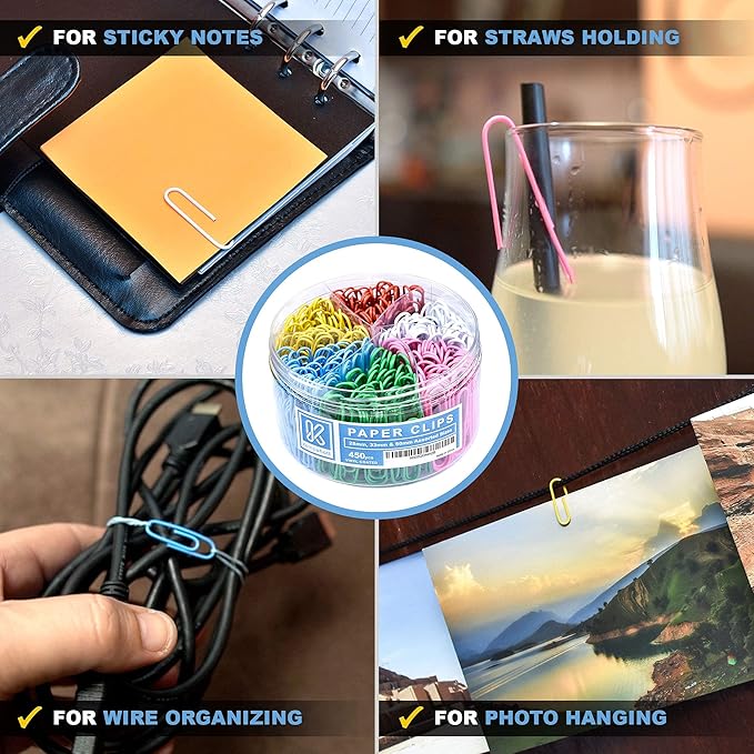 450 Color Paper Clips Assorted Sizes Small, Medium and Large Paper Clips for Paperwork Ideal for Home, School and Office Use (Assorted, Multicolored)