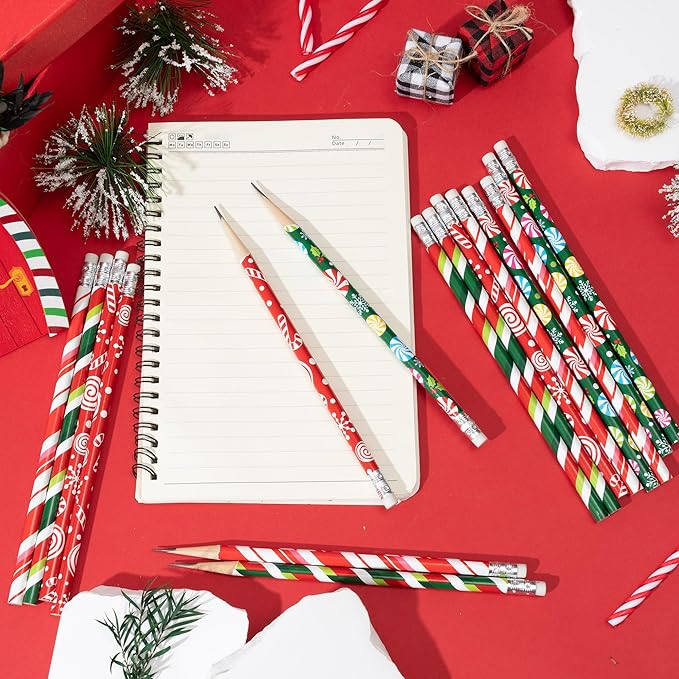 Xqumoi 60Pcs Christmas Pencils with Eraser - #2 HB Xmas Candy Cane Red Green Wood Pencils, School Classroom Student Rewards Office Supply Holiday Goodie Bag Fillers Stuffers Party Favors Gift