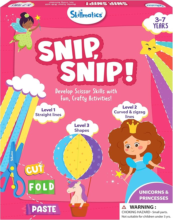 Skillmatics Scissor Skills Activity Book - Snip Snip Unicorns & Princesses, Stocking Stuffers, 25 Fun Cutting Activities, 2 Child-Safe Scissors, Felt Craft Kit, Christmas Gifts for Ages 3, 4, 5, 6, 7