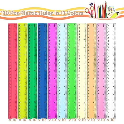 ZOOFOX 110 Pack Plastic Ruler 12 Inch in Bulk, Assorted Color Metric Ruler with Centimeters and Inches, Kids Rulers Bulk for Classroom, Office, Home Supplies