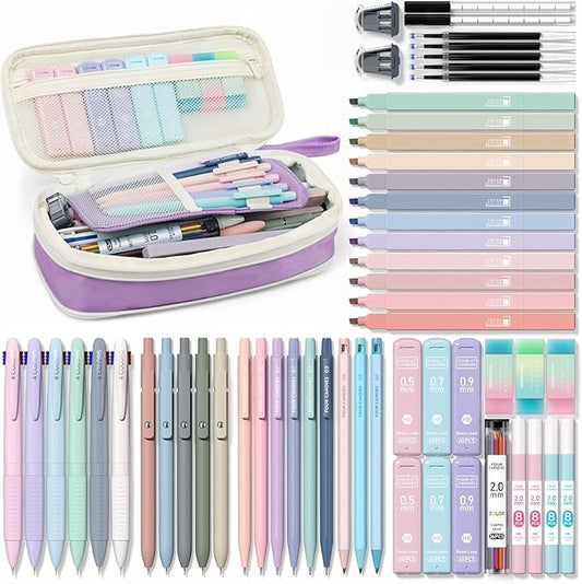 Four Candies 56 PCS Aesthetic School Supplies with Pencil Case, 6 Multicolor Pen, 12 Pastel Highlighters, 5 Gel Pens Black Ink, 9 Mechanical Pencils for Student Stationary Set Preppy Stuff (Purple)