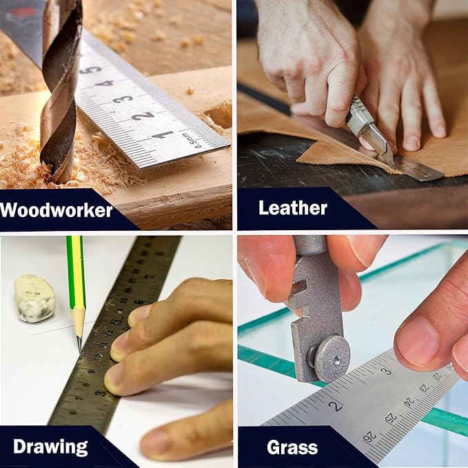 Stainless Steel Metal Ruler:[10 Pieces 12 Inch] Stainless Steel Metal Ruler with Cork Backing Non-Slip Rulers with Inch and Centimeters Metal Ruler Drafting Office Tools Prevent Ink Leakage