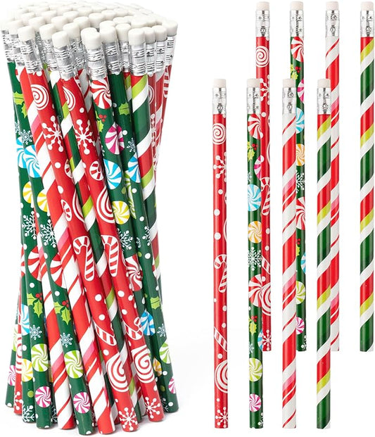 Xqumoi 60Pcs Christmas Pencils with Eraser - #2 HB Xmas Candy Cane Red Green Wood Pencils, School Classroom Student Rewards Office Supply Holiday Goodie Bag Fillers Stuffers Party Favors Gift