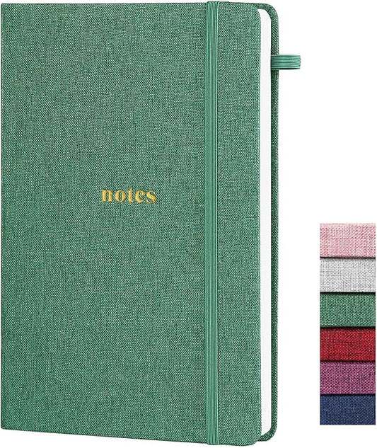 A5 Lined Journal Notebook – Hardcover Fabric Cover 160 Pages 100 GSM Thick Paper With Elastic Band & Pen Holder College Ruled Writing Notebooks for Work School Travel Dark Green