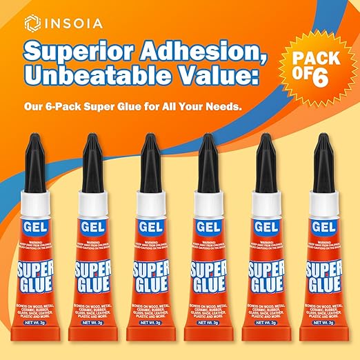 Super Glue Gel Clear Non-Drip, 6 X 3g All Purpose Strong Adhesive Ca Glue Quick Dry Instant Glue for Plastic, Metal, Ceramic, Shoe, Wood, Leather, Model, Aquarium, Rhinestone, Jewelry and DIY Crafts