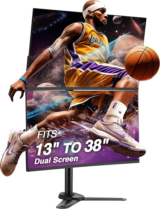 AVLT 38" Vertical Ultrawide Monitor Mount Stand Two Stacked 26.5 lbs Screens on Heavy-Duty Pole Save Workspace with Fine-Tune Height Tilt Swivel Rotate Adjustment Free Standing Sturdy Base