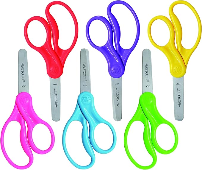 Westcott 16454 Right- and Left-Handed Scissors, Kids' Scissors, Back to School, Classroom Supplies, Ages 4-8, 5-Inch Blunt Tip, Assorted, 6 Pack