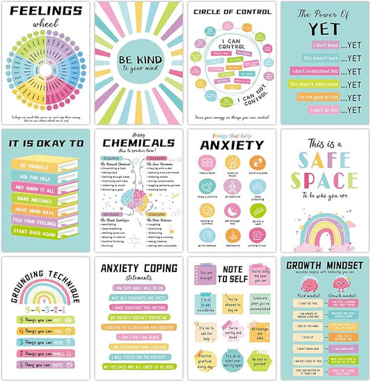 12 Pcs Mental Health Posters, Anxiety Therapy Office Decor, Counseling Office Must Haves, 10’’x14’’ School Counselor Supplies, Wall Art Decor Home Classroom Therapist Mental Health Gifts