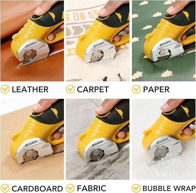 4v Cordless Electric Scissors, Electric Box Cutter With LED Light and Safety Lock, Cardboard Cutter, Rotary Cutter for Cardboard Leather Carpet Plastic Yellow