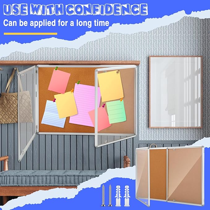 Enclosed Bulletin Board 48" x 36" Weather Resistant Lockable Notice Cork Display Board Wall Mounted 2 Locking Door for School Classroom Commercial Christmas, 12 x A4(Brown, Silver Frame)