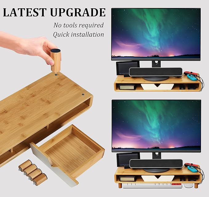 Homerays Monitor Stand with Drawer, Exquisite Computer Monitor Stand for Desk, Ergonomic Wood Monitor Stand Riser for Computer,Laptop,Printer,TV,Bamboo,White