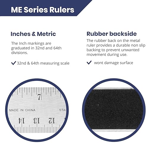 Stainless Steel 24 Inch Metal Ruler Non-Slip Rubber Back, with Inch and Metric Graduations