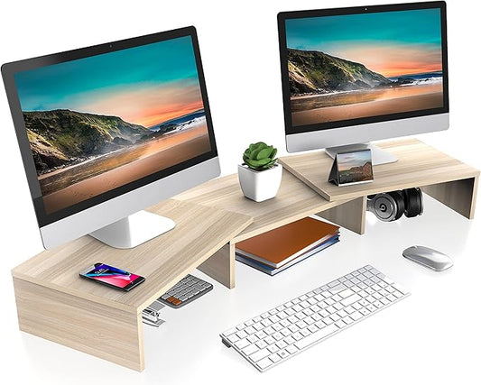 FITUEYES Dual Monitor Stand – 3 Shelf Computer Monitor Riser, Wood Desktop Stand with Adjustable Length and Angle, Desk Accessories, Office Supplies Medium Oak, DT108006WO