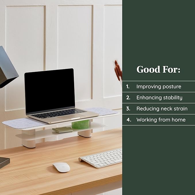 Branch Monitor Stand - Elegant, Durable Powder-Coated Steel Stand with Soft Felt Liner - Small Monitor Riser Second Tier Storage - Installs with a Universal Clamp for Ergonomic Workspace - Charcoal