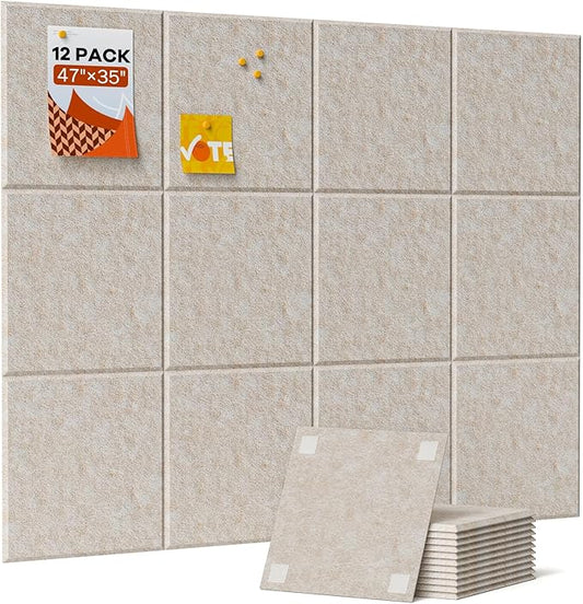 Large Cork Boards for Walls, 47"x35" Bulletin Board, 12-Pack Felt Wall Tiles with 60 Adhesive Tabs, Cork Boards for Office Decor, Felt Board Alternative Pin Board