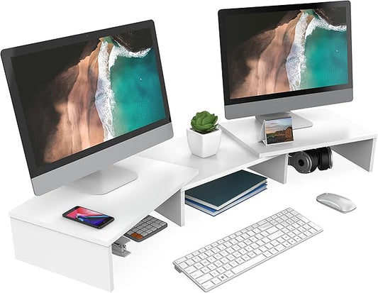 FITUEYES Dual Monitor Stand – 3 Shelf Computer Monitor Riser, Wood Desktop Stand with Adjustable Length and Angle, Desk Accessories, Office Supplies Medium White, DT108008WW