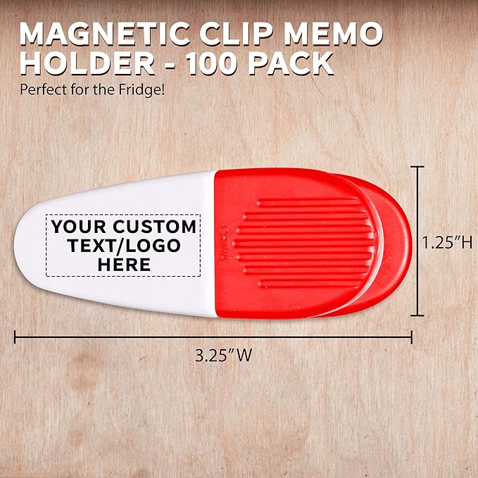 100 Magnetic Memo Holders Set - Customizable Text, Logo - Large Clip, Plastic - White Red
