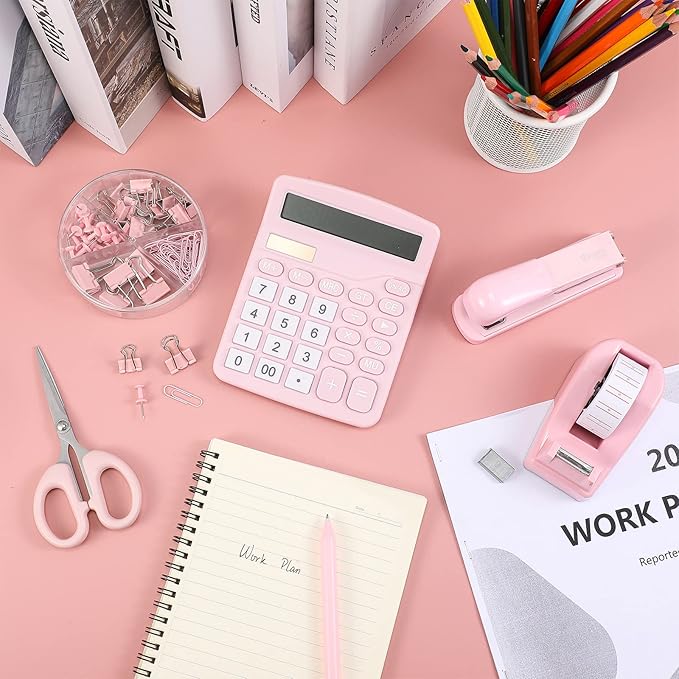Breling 6 Set Desk Accessory Office Supplies Kit Include Cute Stapler Tape Dispenser Ballpoint Pen Binder Clips Paper Clips Long Tail Calculator and Scissor for Office(Pink)